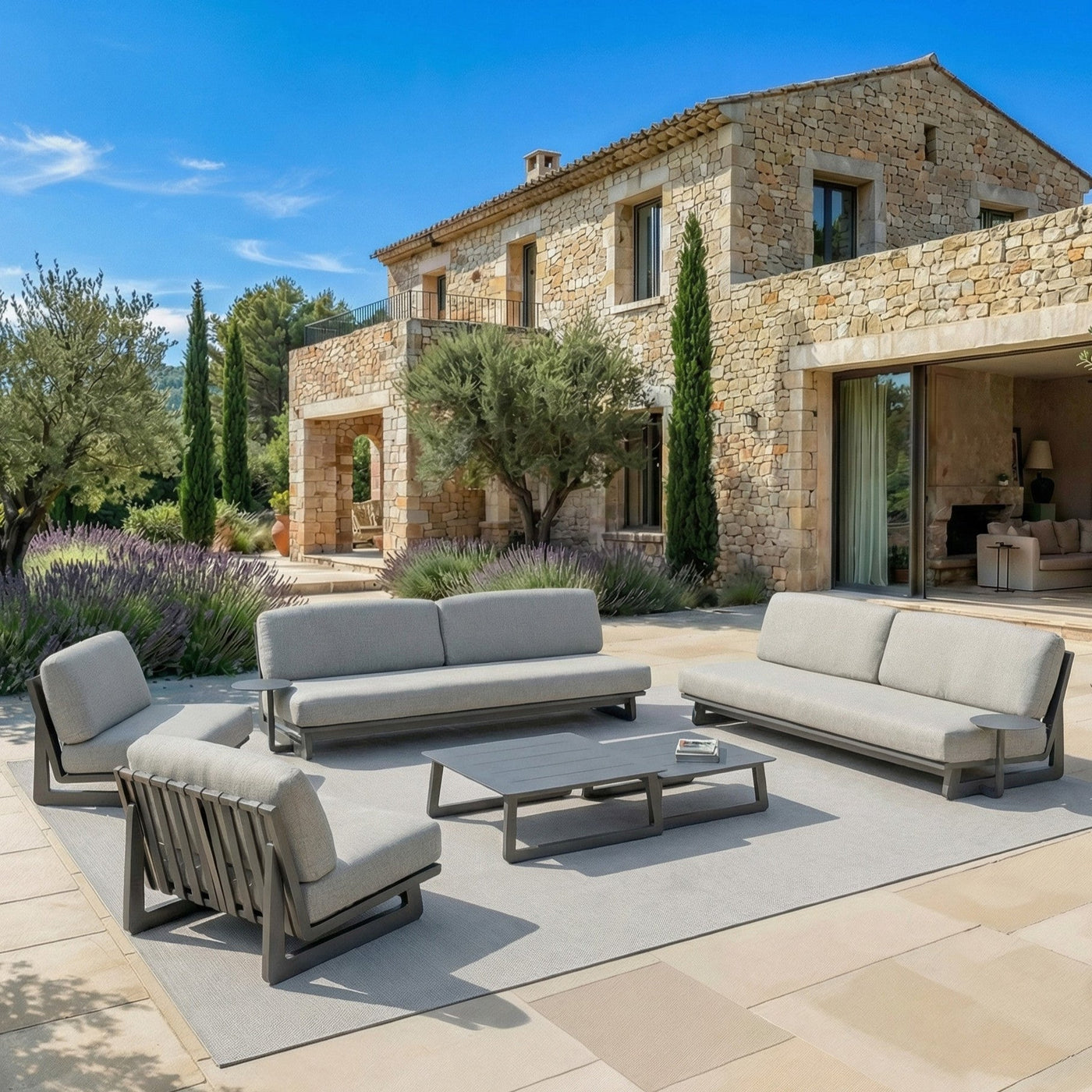 Salon de jardin Long Beach 8 places de la marque Meublot, ensemble élégant avec table et chaises en plein air.