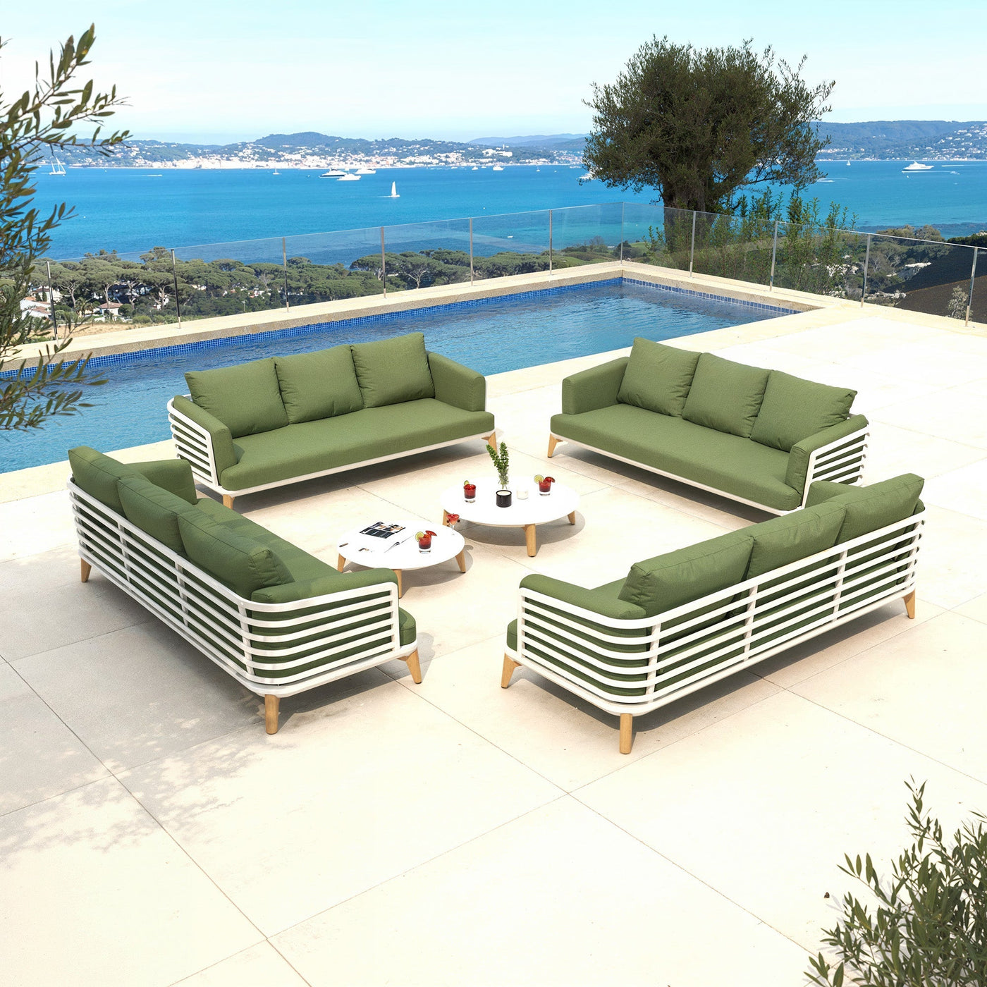 Salon de jardin Monte Carlo Meublot avec table blanche et chaises vertes pour 12 personnes, idéal pour extérieur élégant.