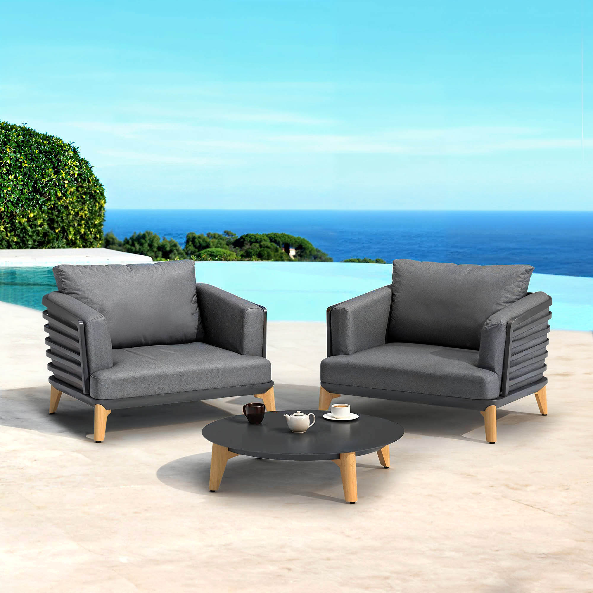 Canapé de jardin Monte Carlo 2 places de Meublot, structure en anthracite avec coussins confortables, pour espace extérieur.