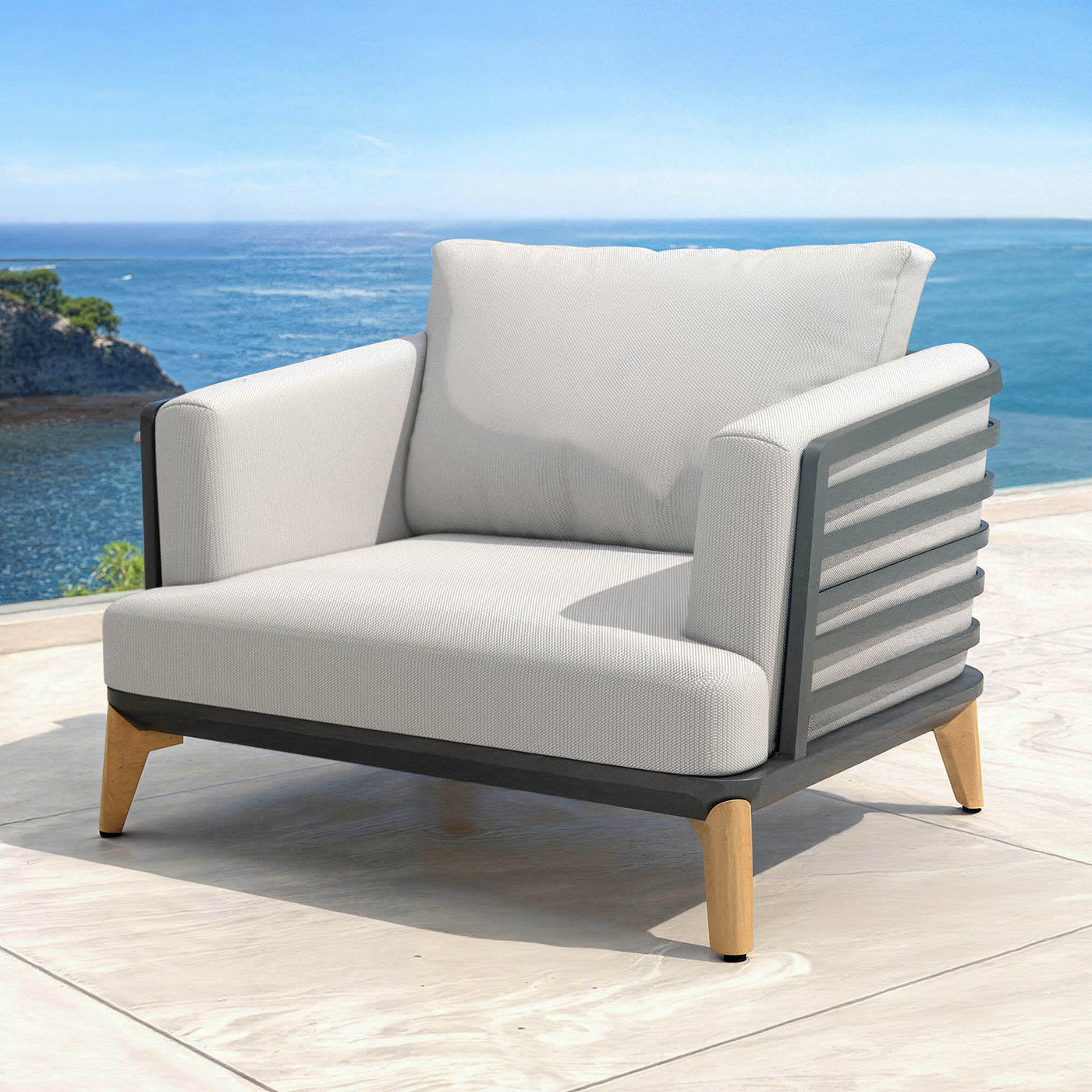Fauteuil de salon de jardin Monte Carlo 4 places Meublot avec structure anthracite et coussins gris nuage, design contemporain.