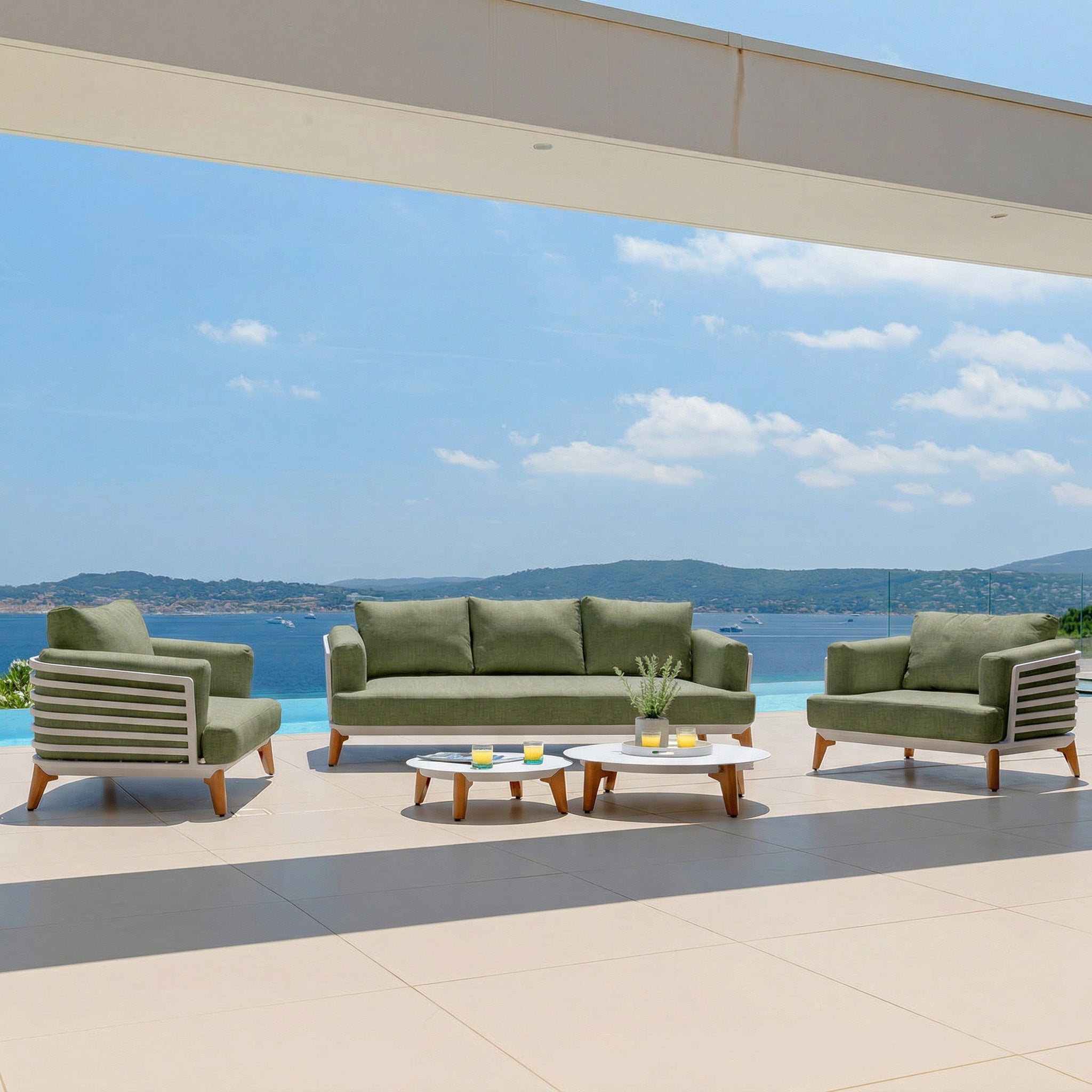 Salon de jardin Monte Carlo 5 places de la marque Meublot, avec table et chaises en extérieur, style moderne et confortable.
