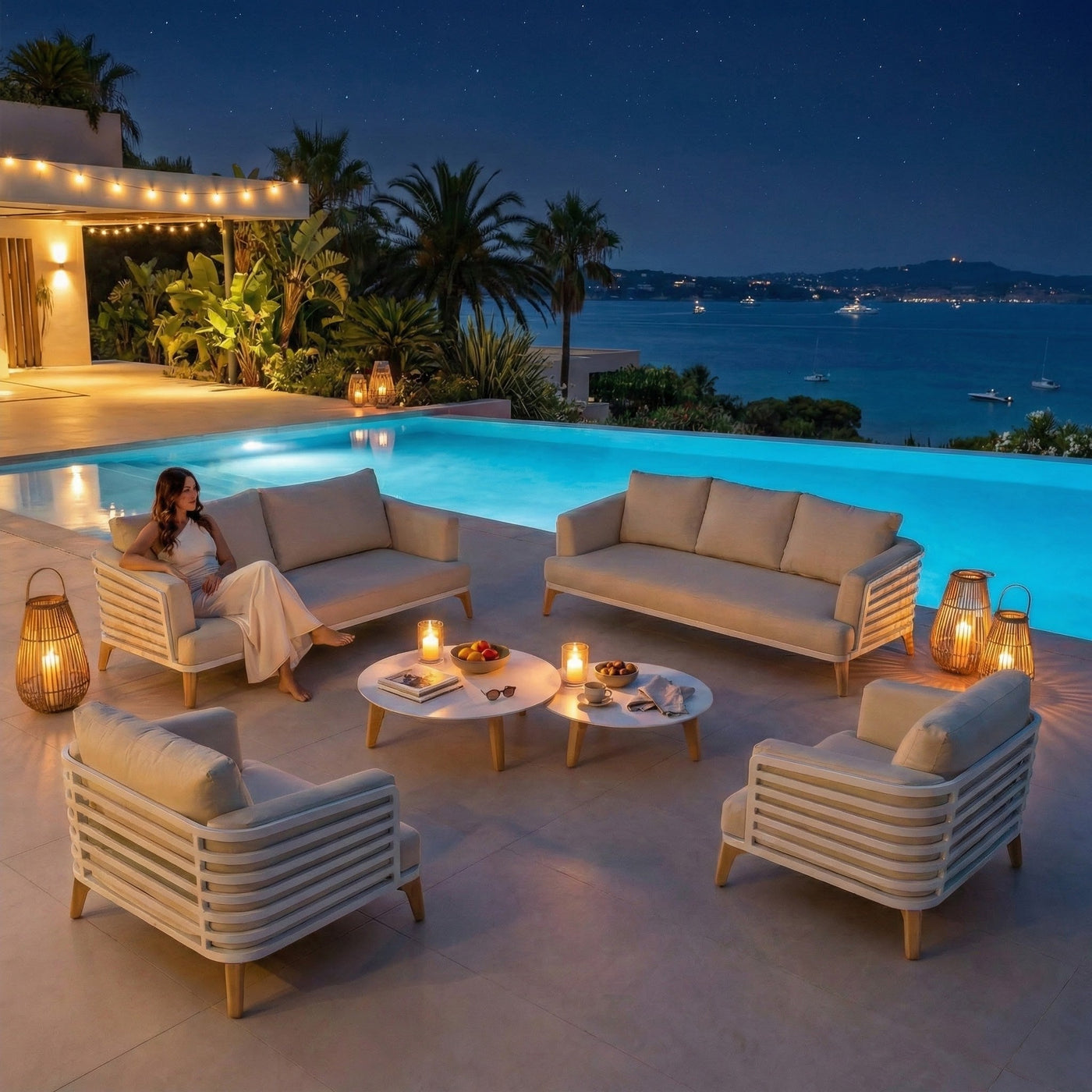 Table et chaises de jardin Monte Carlo 7 places de la marque Meublot, mobilier extérieur en bois et métal.