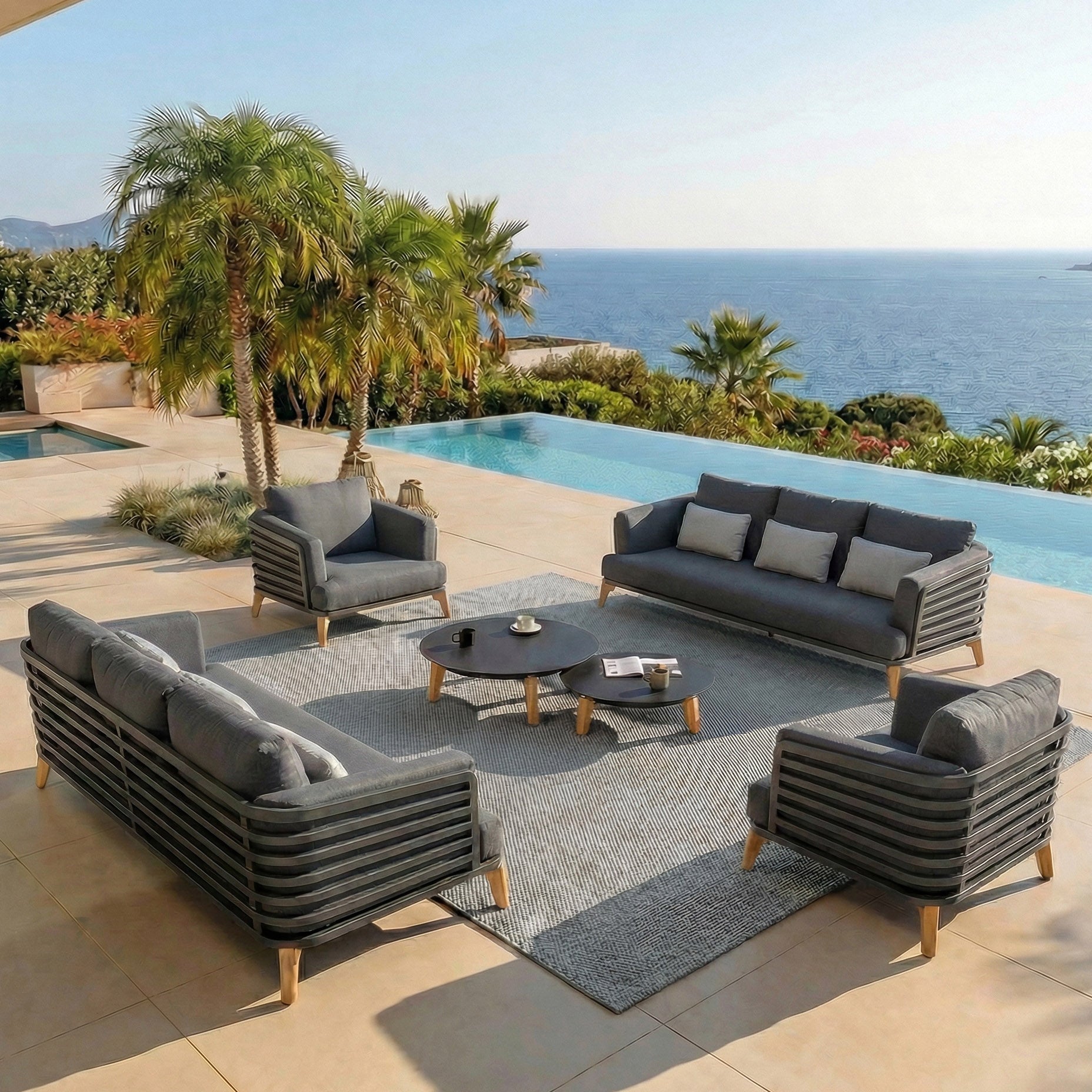 Salon de jardin Monte Carlo 8 places de Meublot avec table et chaises en anthracite, mobilier extérieur élégant et spacieux.