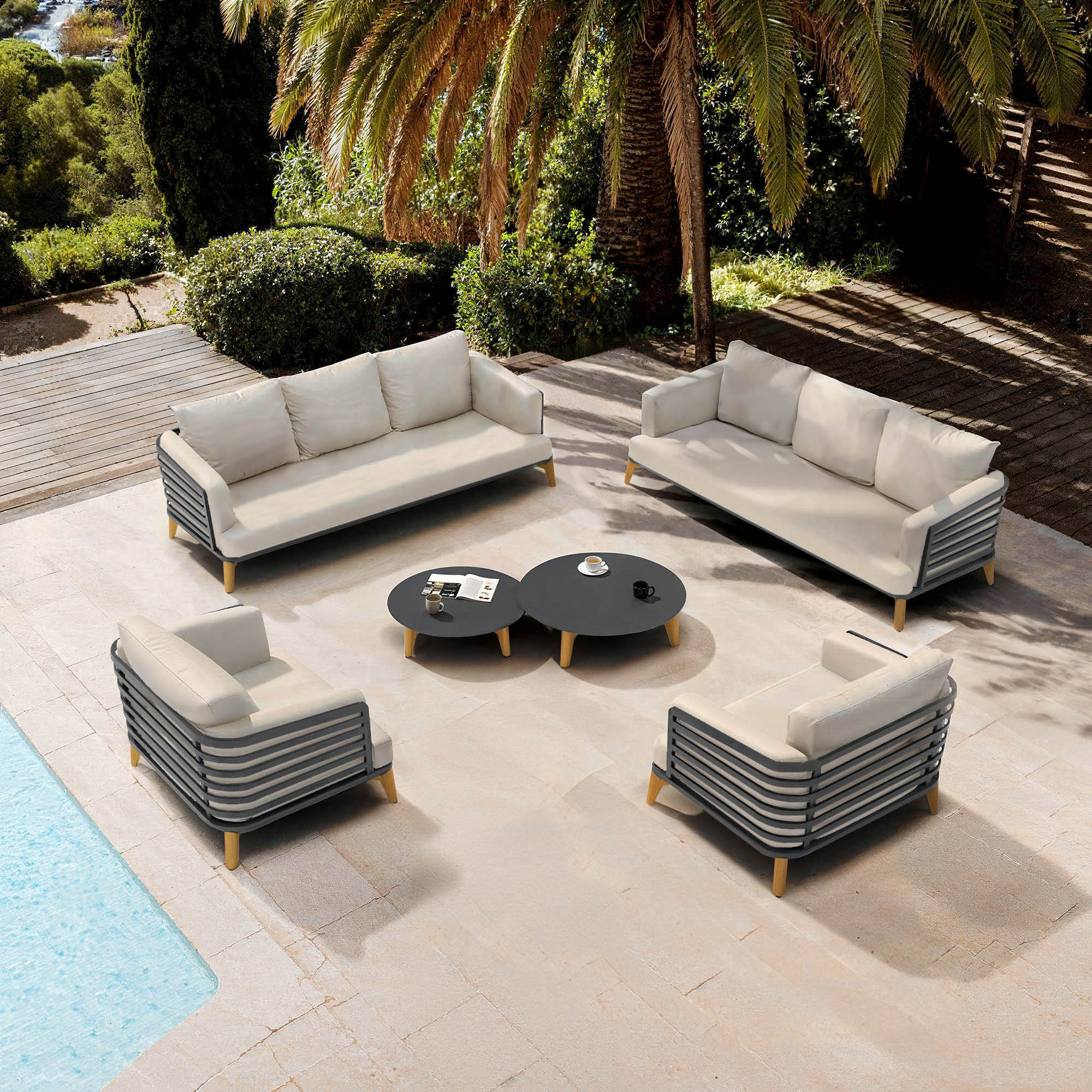 Salon de jardin Monte Carlo 8 places de Meublot avec table anthracite et chaises beige, idéal pour l'extérieur.
