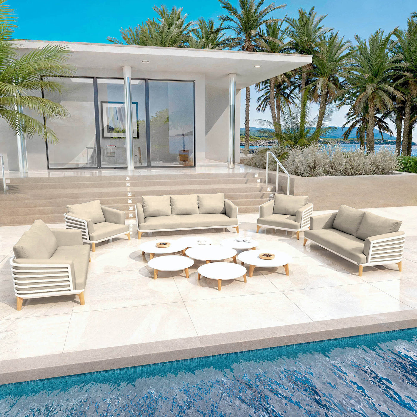 Salon de jardin Monte Carlo Meublot avec 9 places, table et chaises en blanc sable, idéal pour l’extérieur.