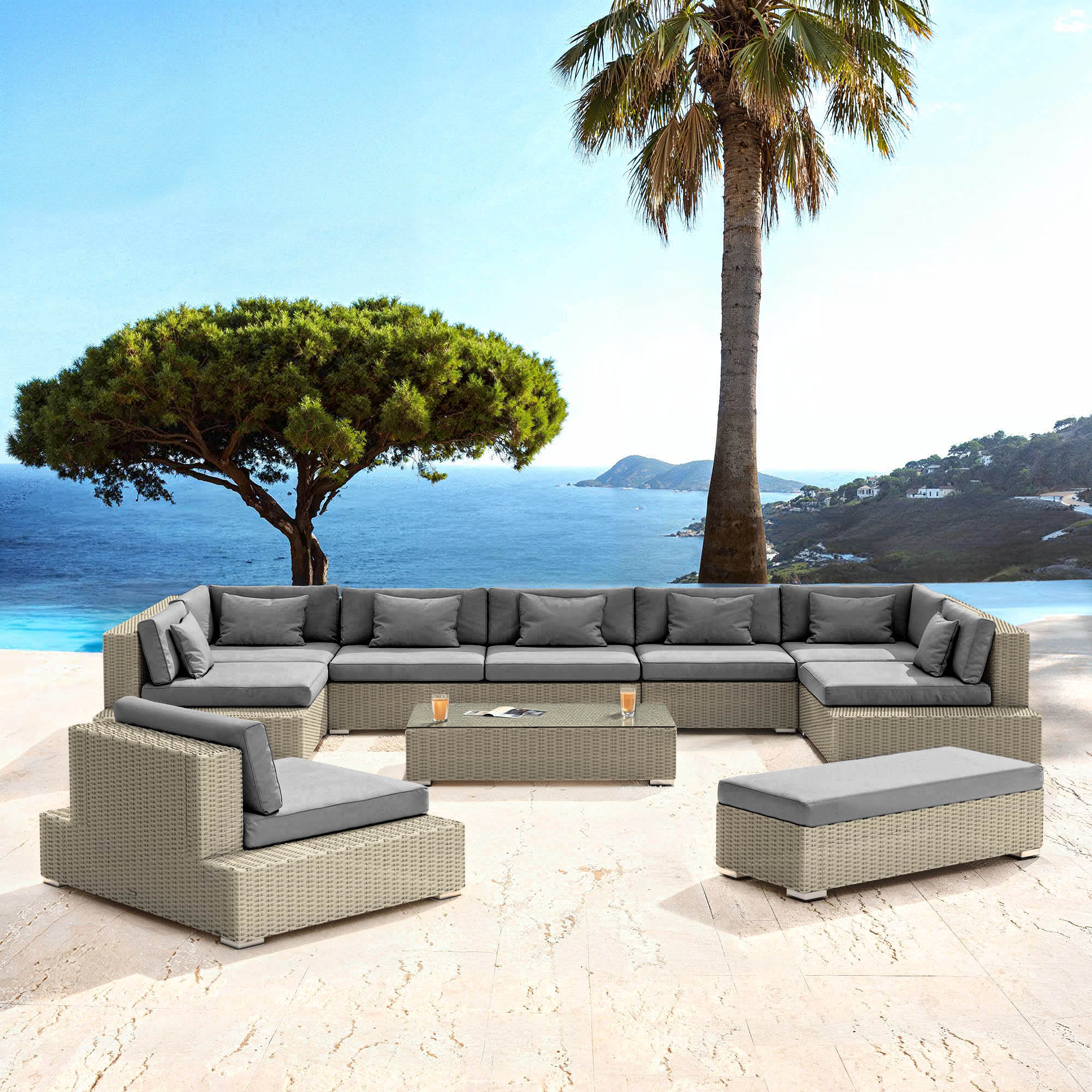 Salon de jardin Meublot Palma 9 places avec table en gris anthracite, ensemble de mobilier d'extérieur pour patio.