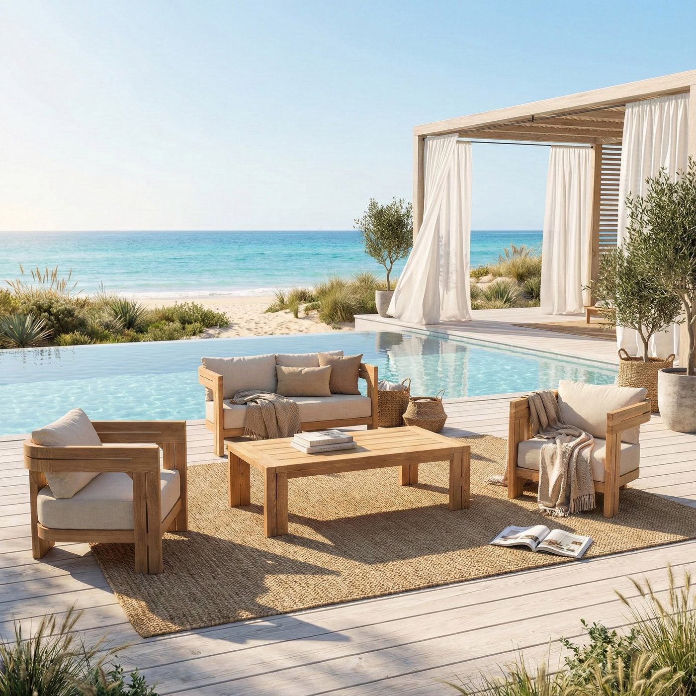 Salon de jardin Zanzibar 4 places de couleur beige, avec coussins et cadre en métal, conçu par Meublot pour l'extérieur.