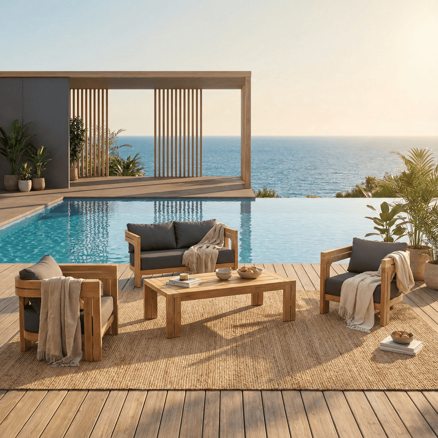 Salon de jardin Zanzibar 4 places de la marque Meublot avec fauteuils et table en bois, idéal pour extérieur.