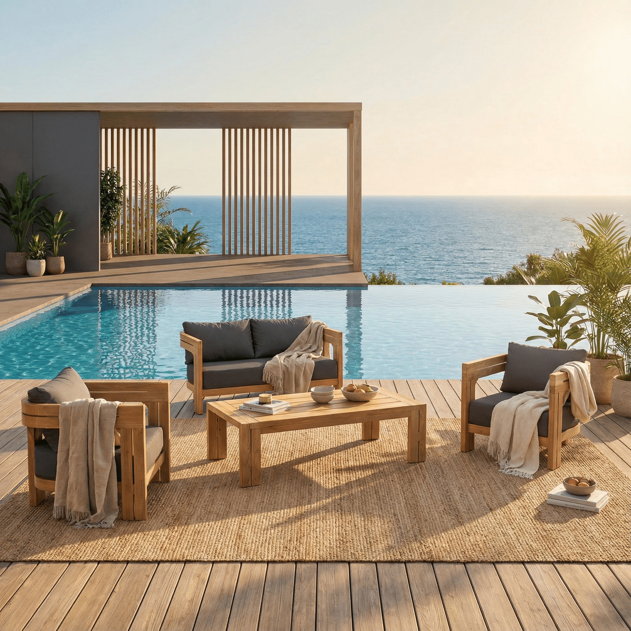 Salon de jardin Zanzibar 4 places de la marque Meublot avec fauteuils et table en bois, idéal pour extérieur.