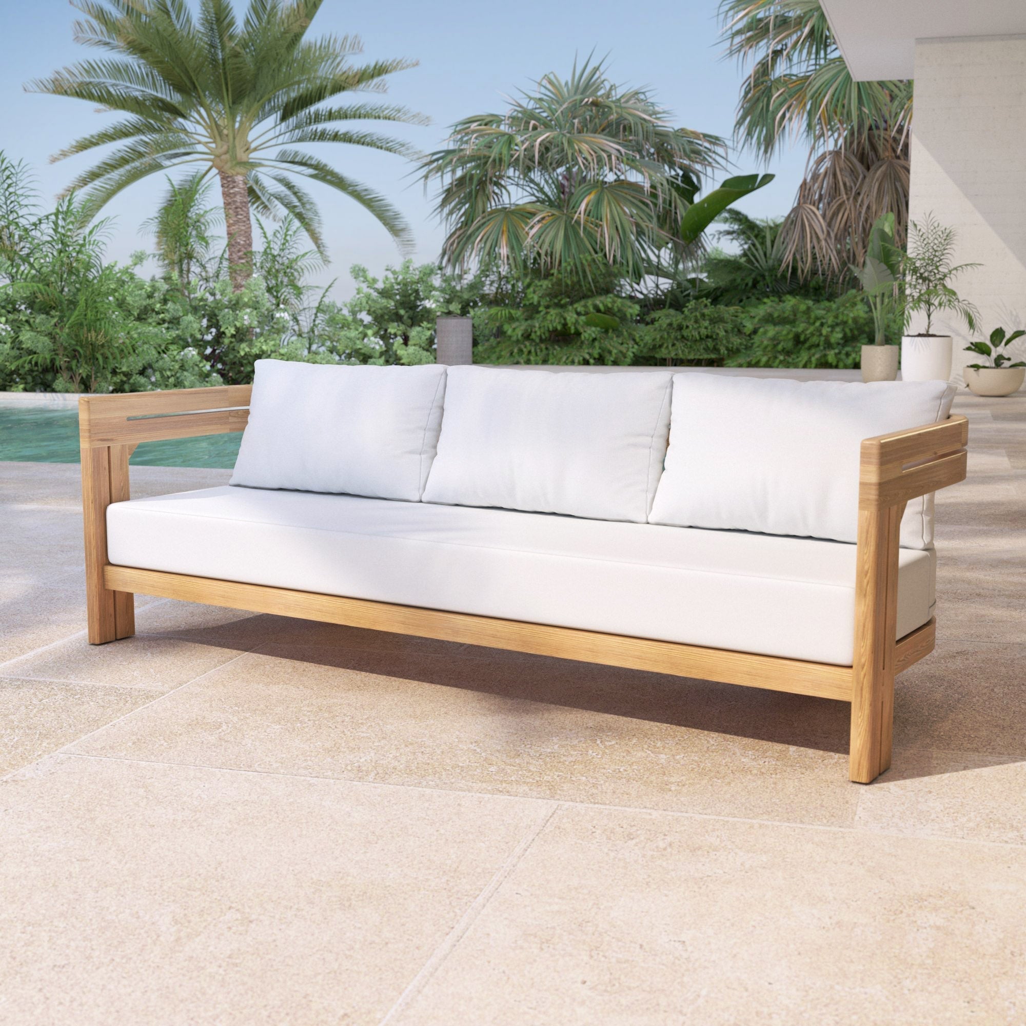 Salon de jardin Zanzibar 5 places de Meublot, ensemble en blanc avec coussins, idéal pour extérieur élégant et convivial.