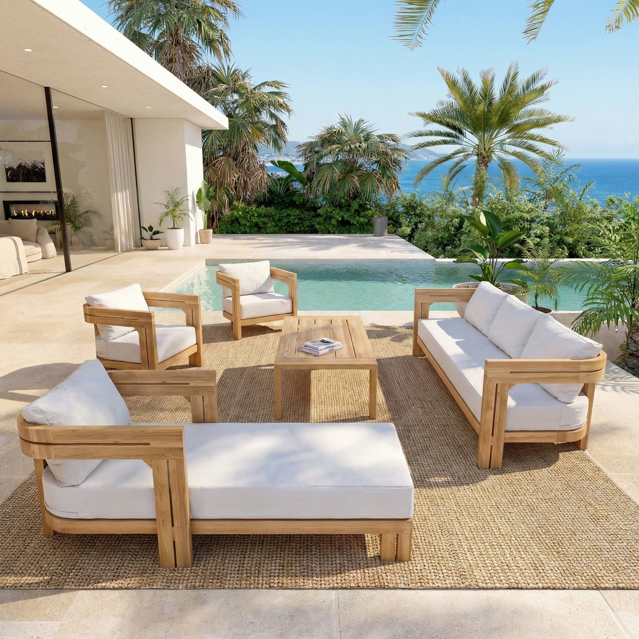 Salon de jardin Zanzibar 5 places de Meublot avec canapé beige et chaise longue, idéal pour extérieur spacieux.