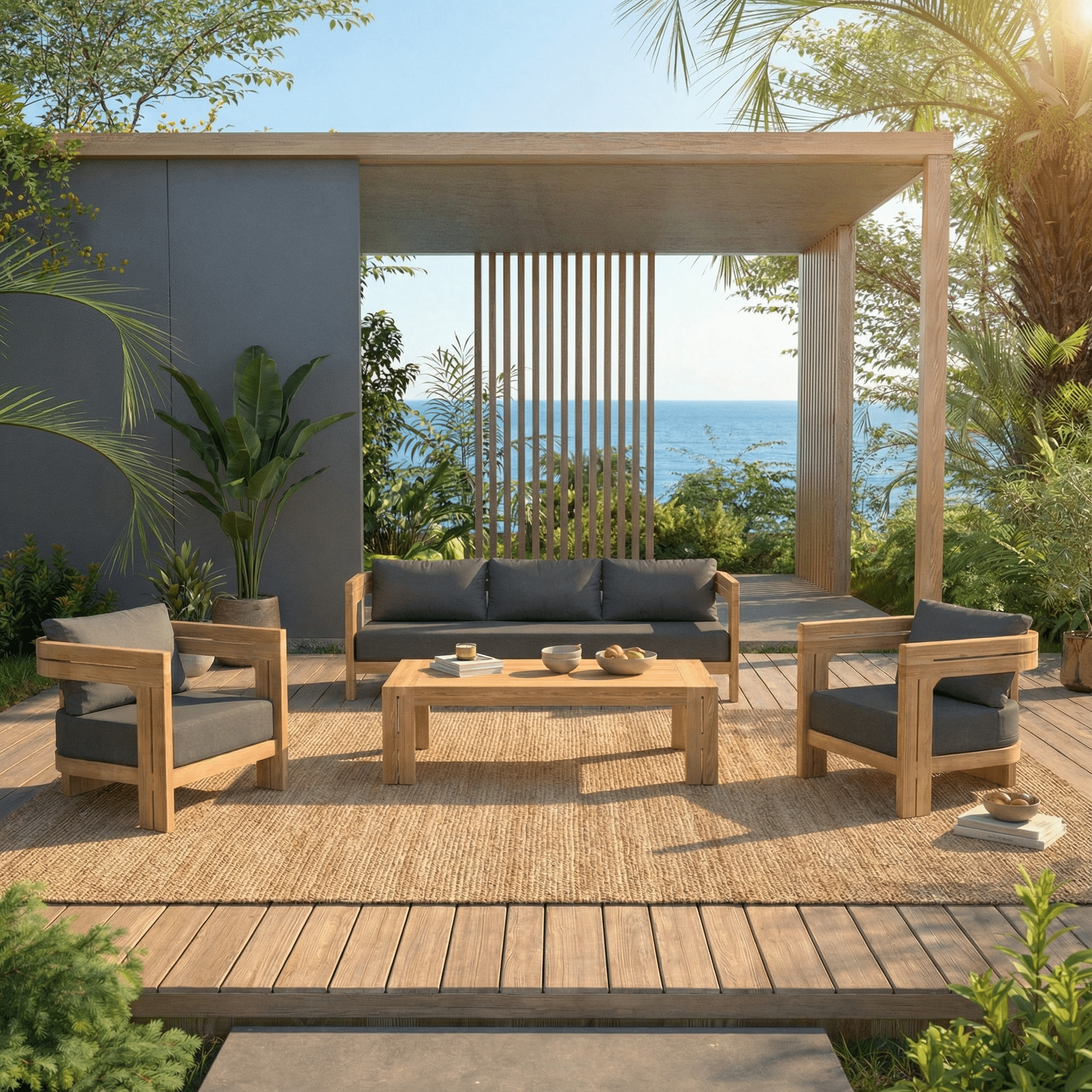 Salon de jardin Zanzibar 5 places de la marque Meublot, ensemble de mobilier extérieur avec canapé et fauteuils.