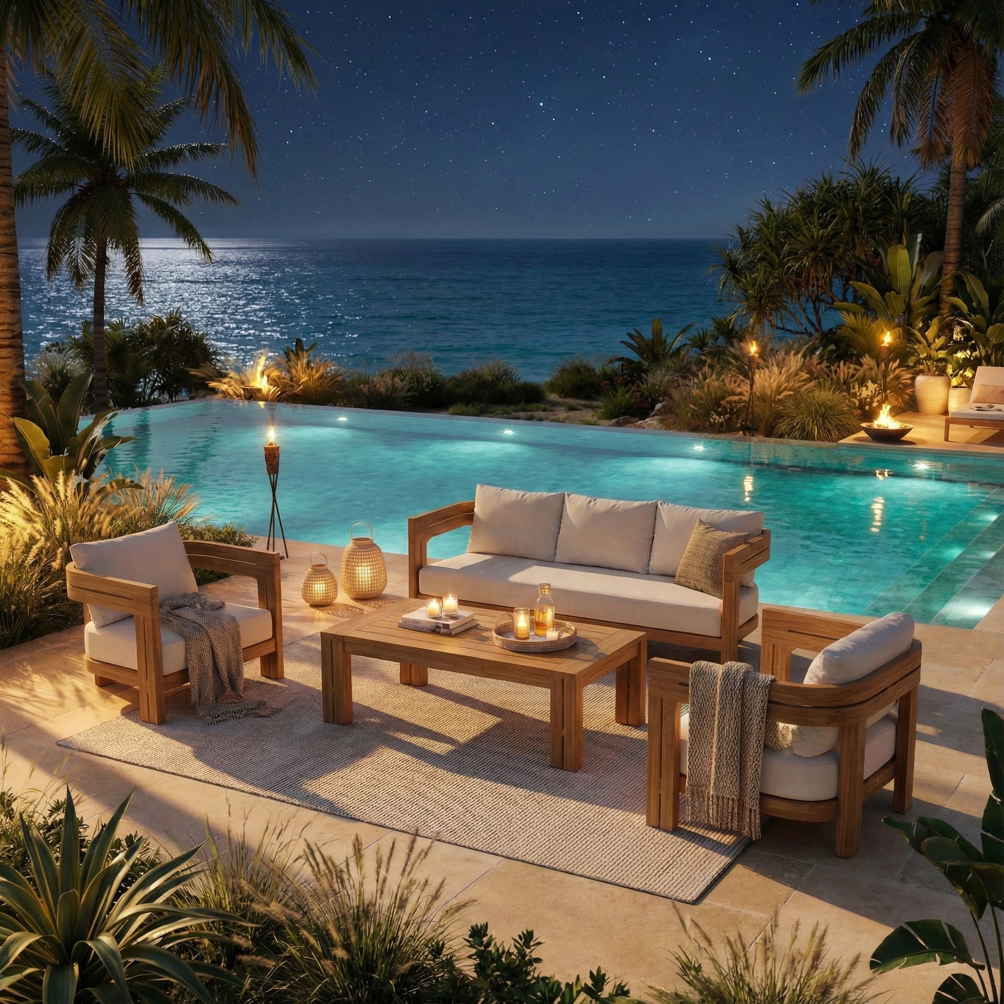 Salon de jardin Zanzibar 5 places de couleur beige avec coussins, conçu par Meublot, dans un cadre nocturne.