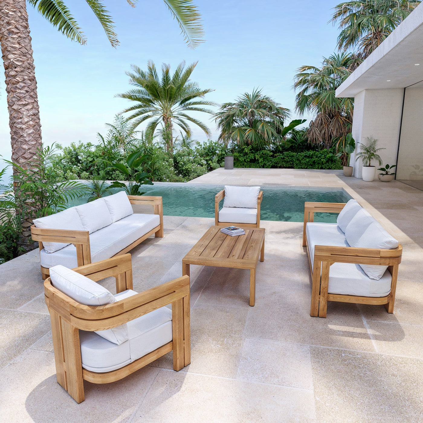 Salon de jardin Zanzibar 8 places de Meublot avec table blanche en bois et chaises confortables pour extérieur.