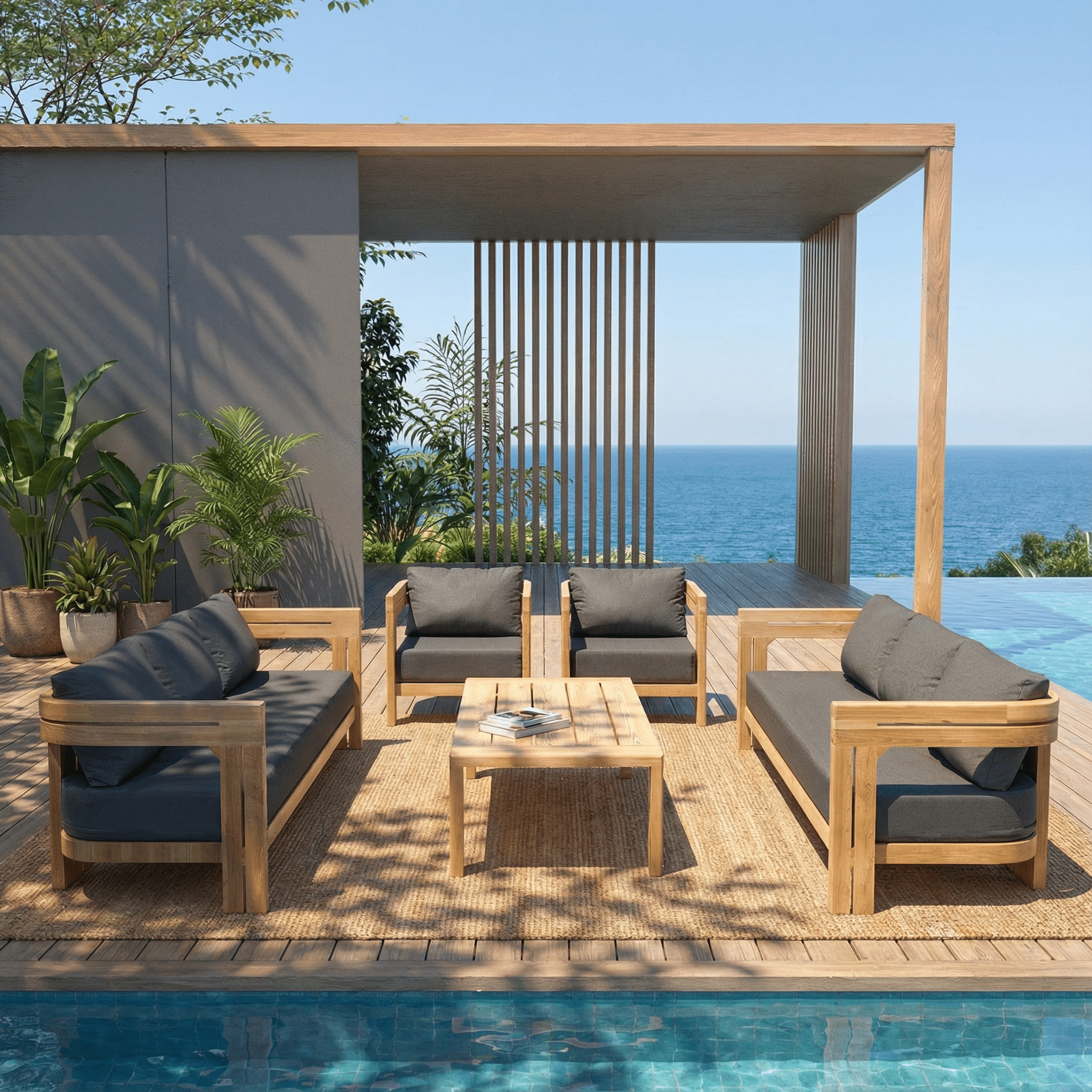 Salon de jardin Zanzibar 8 places de la marque Meublot avec table et chaises en bois dans un jardin luxuriant.