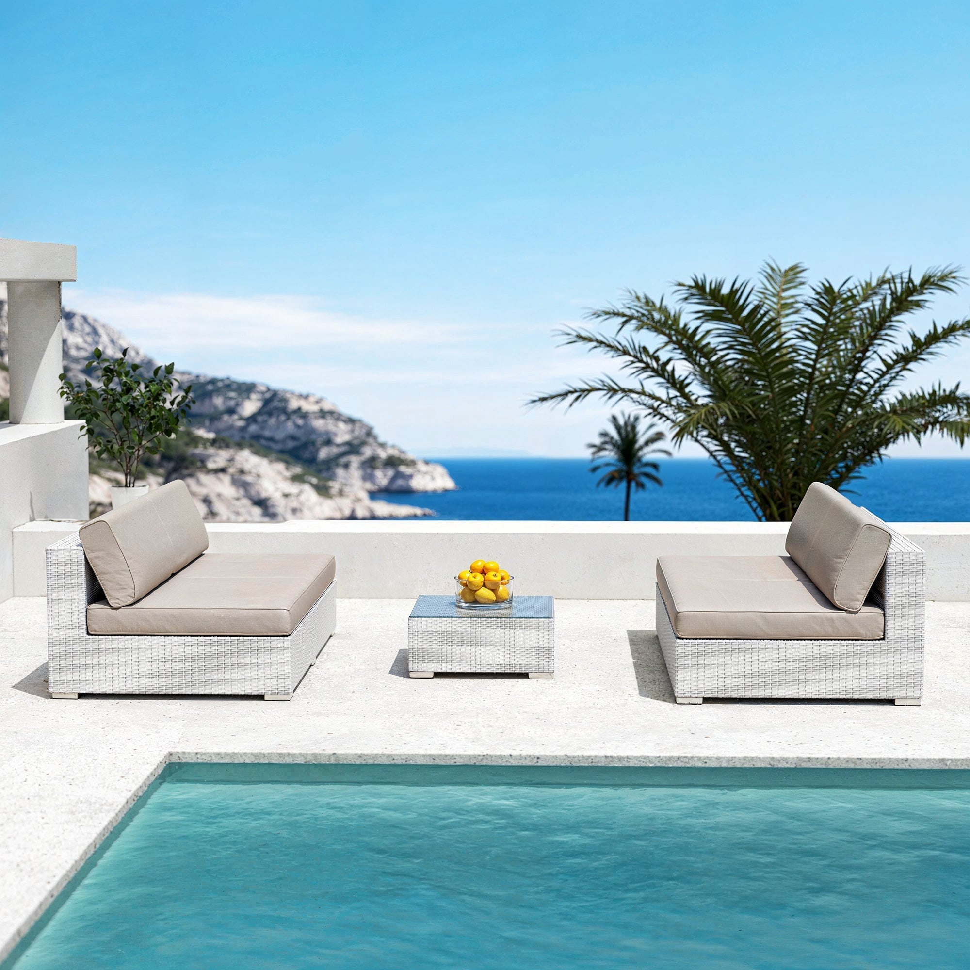 Table basse de jardin carrée Palma de Meublot avec surface en blanc et structure en métal, idéale pour l'extérieur.