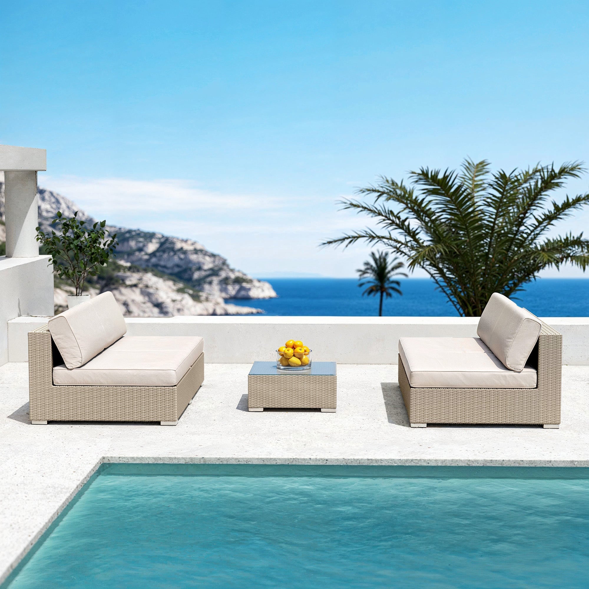 Table basse de jardin carrée Meublot Palma avec surface en beige, idéale pour l'extérieur, en bois ou matériau résistant.