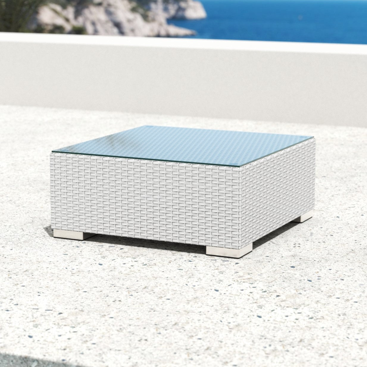 Table basse de jardin carrée blanche Meublot Palma, en bois ou résine, idéale pour extérieur élégante et pratique.