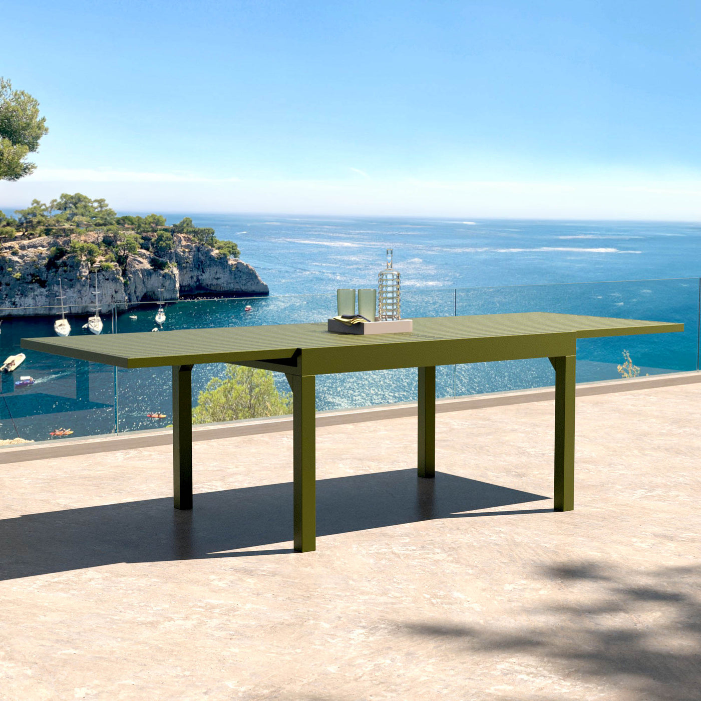 Table de jardin extensible Meublot Murano pour 10 personnes, en aluminium, avec surface verte et dimensions 270 x 90 cm.