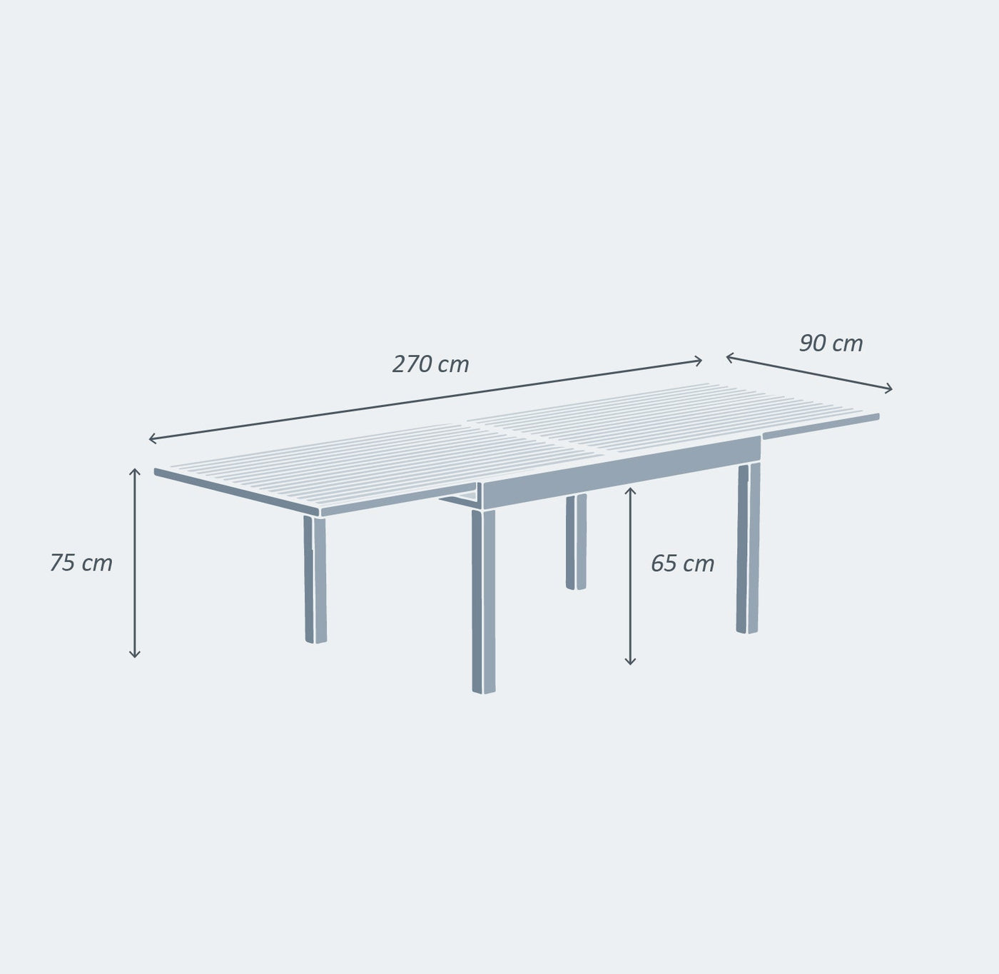 Table de jardin extensible Meublot Murano en aluminium, grande table de 270 cm avec 10 places, vue de dessus.