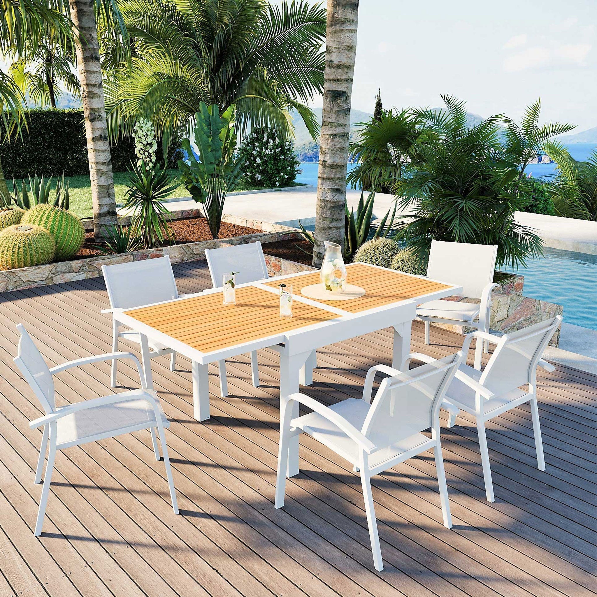 Table de jardin extensible 8 places en aluminium avec effet bois Murano, table blanche de style moderne.