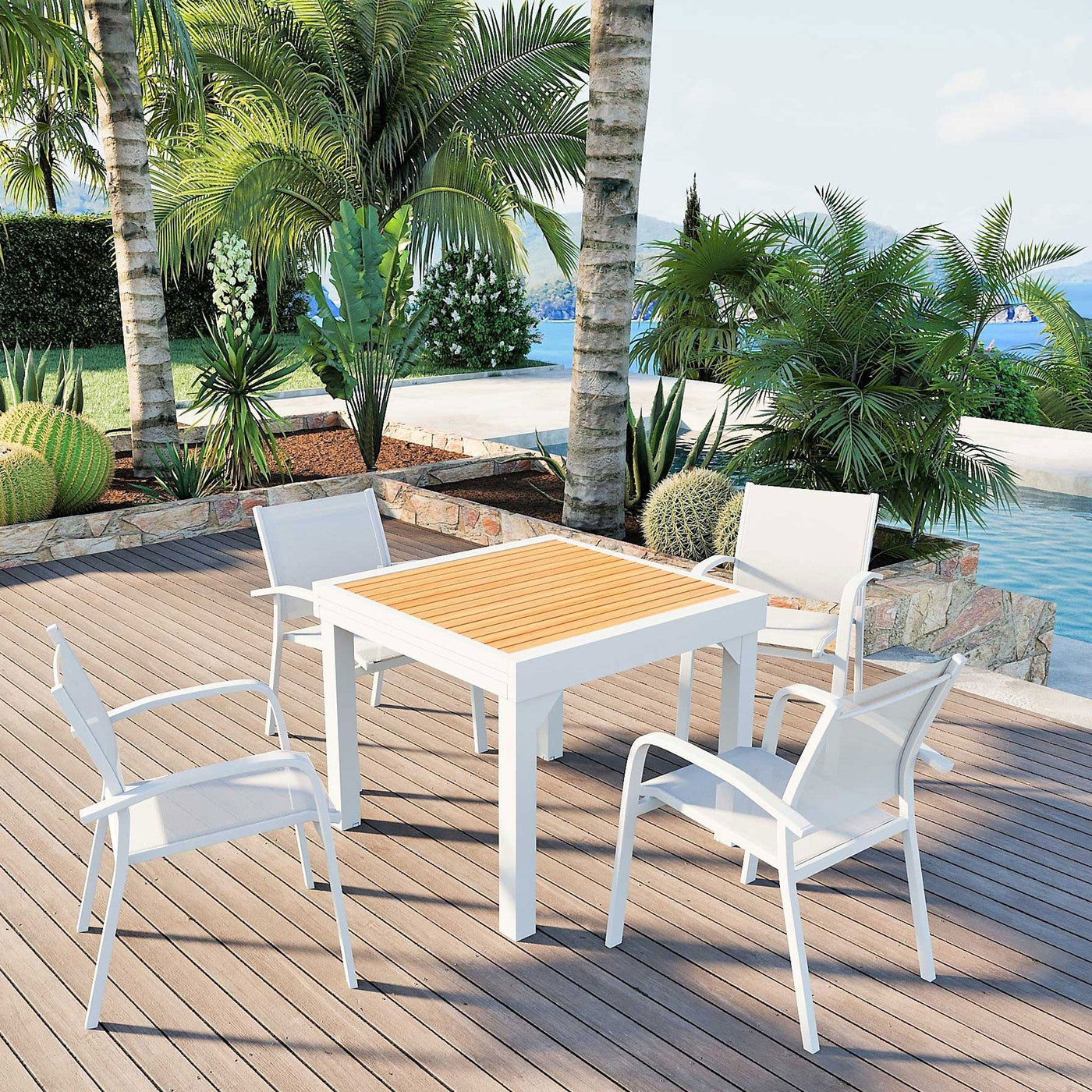 Table de jardin extensible Meublot en aluminium effet bois Murano, table blanche 8 places, 90/180x90 cm.