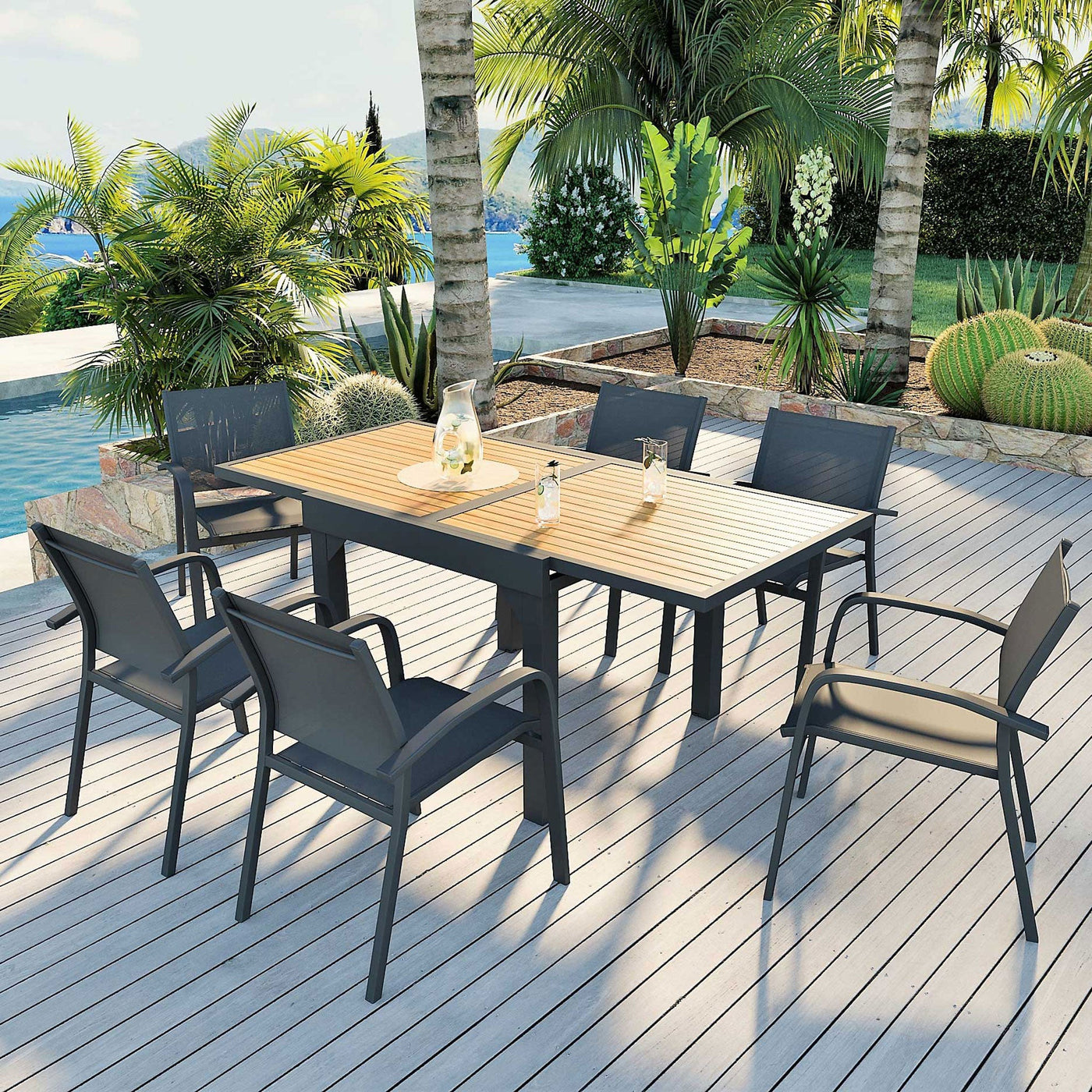 Table de jardin extensible Murano en aluminium effet bois, 8 places, gris anthracite, dimensions 90/180x90 cm, par Meublot