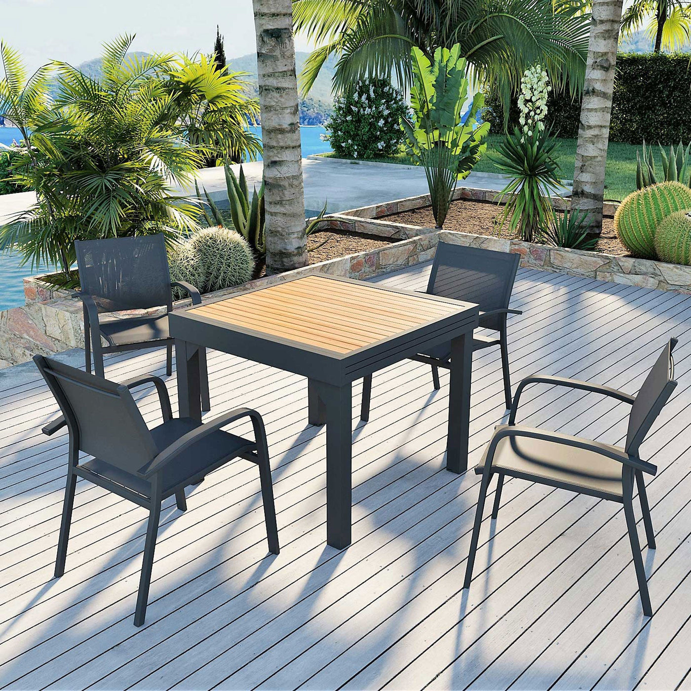 Table de jardin extensible Meublot en aluminium effet bois Murano, gris anthracite, pour 8 à 10 personnes, vue de la table.