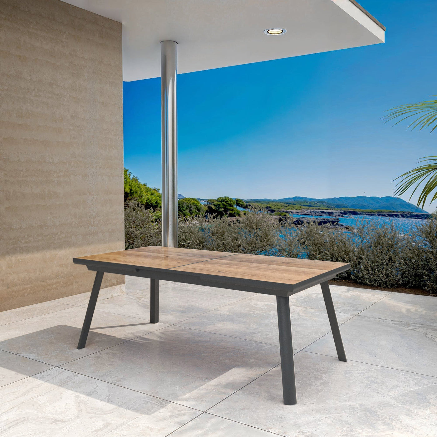 Table de jardin extensible automatique Meublot Amalfi en aluminium anthracite, fermée, pour 10 places, dimensions 200/260x96 cm