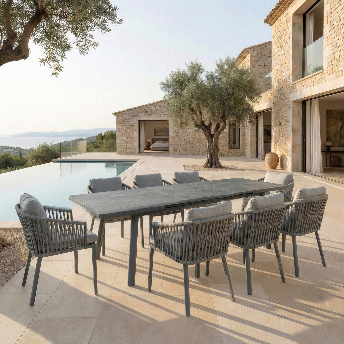 Table de jardin extensible automatique Meublot en aluminium Amalfi, pour 10 personnes, avec surface de 200/260 x 96 cm.