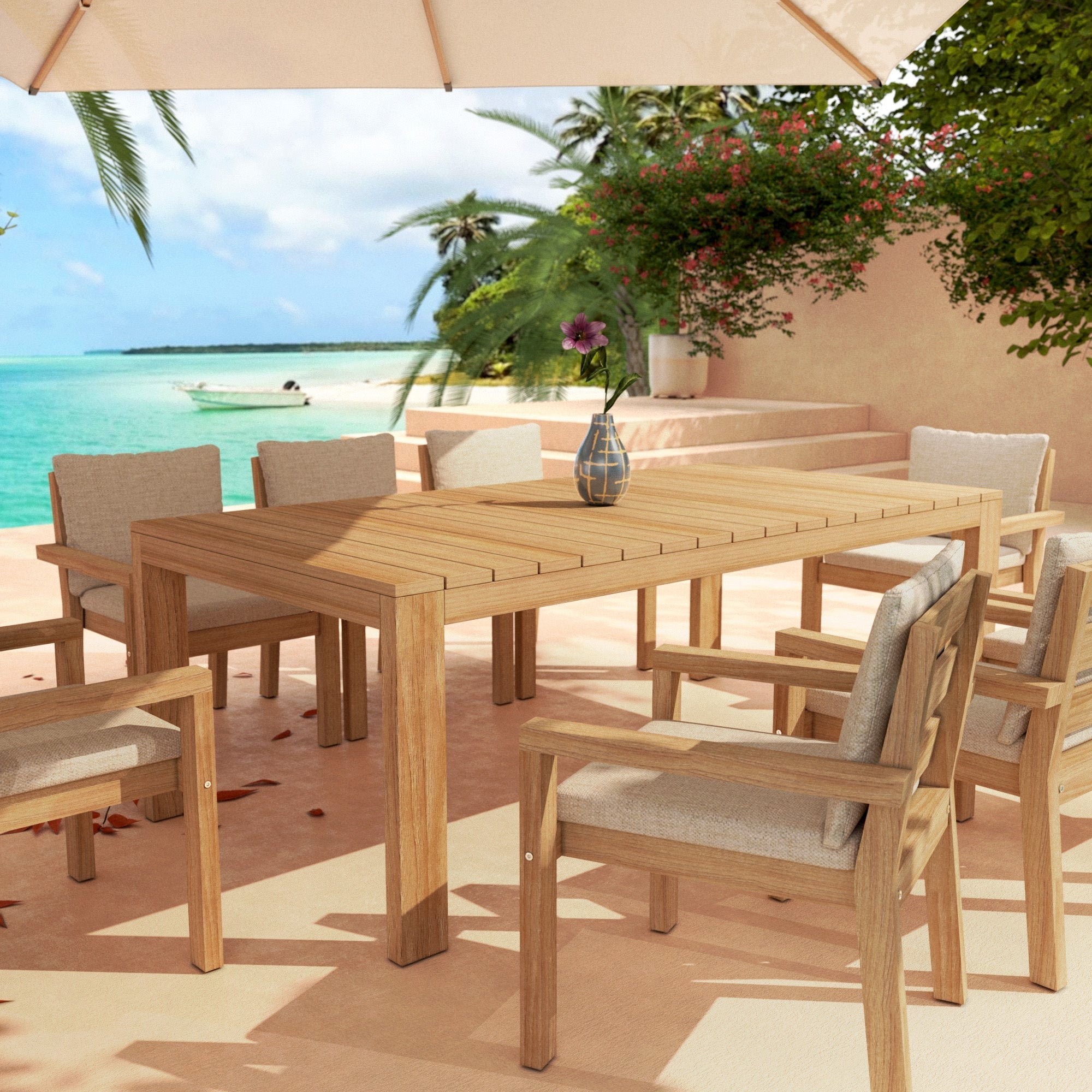 Table de jardin rectangulaire Bornéo beige de Meublot, vue rapprochée montrant la surface et le design moderne.