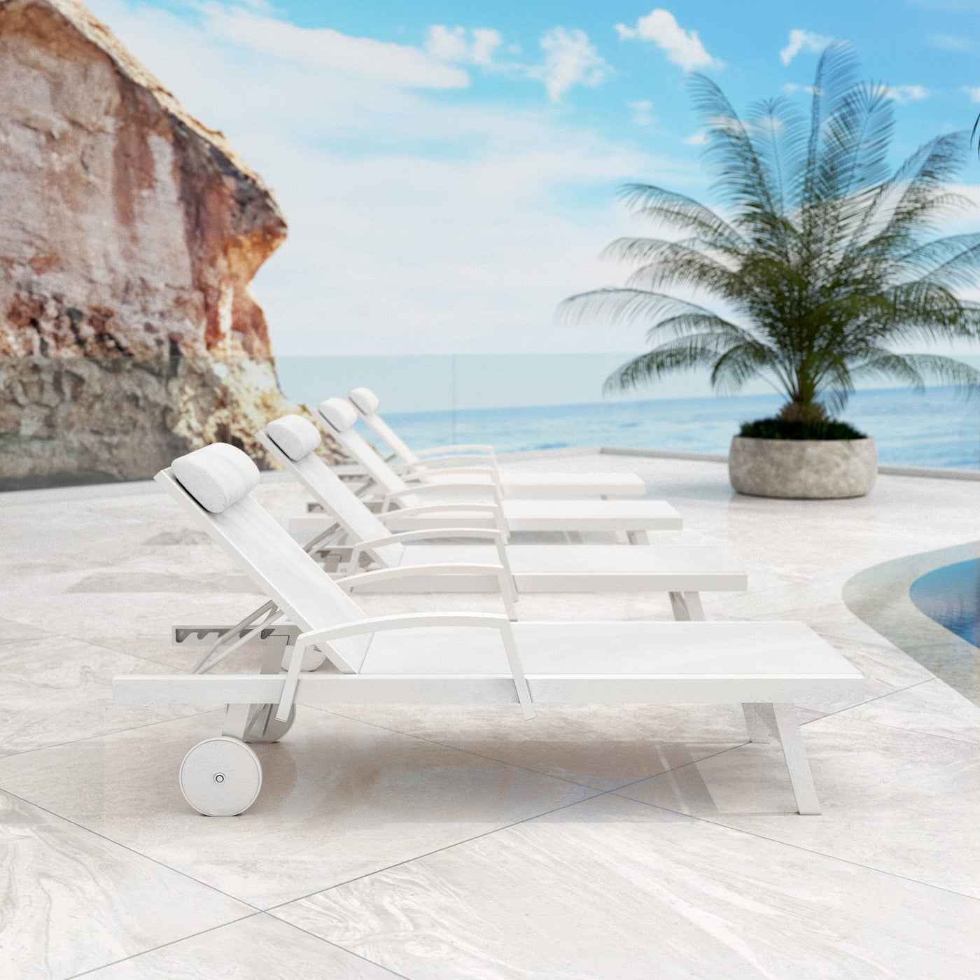 Transat Pirae blanc de Meublot, bain de soleil en bois avec coussin, idéal pour relaxation extérieure.